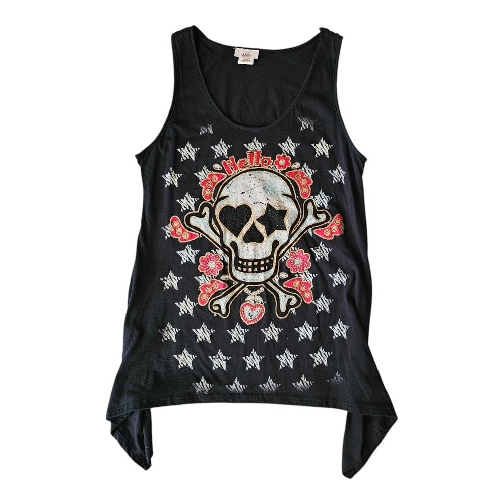 Edgy Skull & Crossbones Tank Top - Graphic Design with Floral Accents - Medium